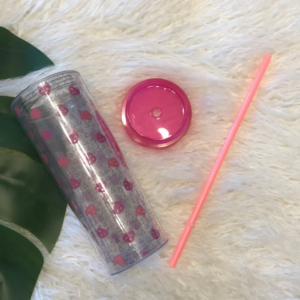 Target cat print tumbler drinking water cup with straw kitty graphic pink clear